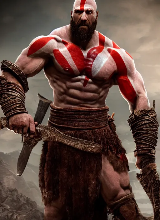 Image similar to film still from god of war, 3 d model, a highly detailed beautiful closeup photo of dwayne johnson kratos hybrid god of war holding a sword and fighting zombies on a pile of human skulls, spartan warrior, olympian god, muscular!,, action pose, ambient lighting, volumetric lighting, octane, fantasy