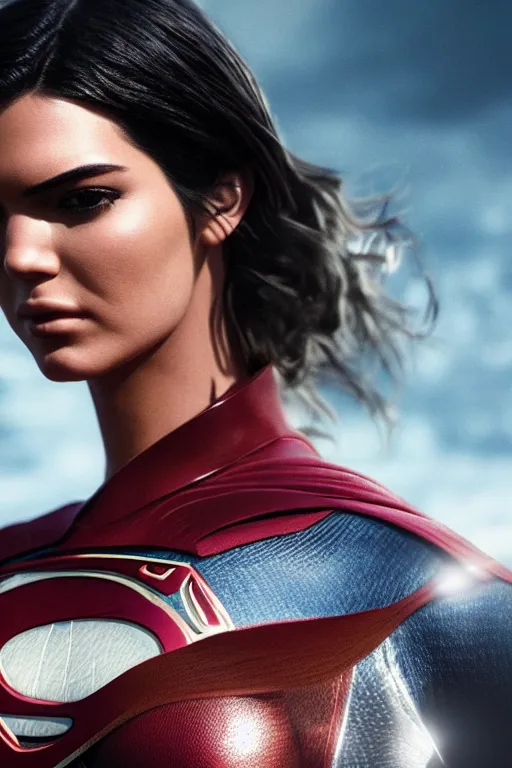 Image similar to a fancy close up of Man of Steel cast as Kendall Jenner by Greg Rutkowski, Sung Choi, Mitchell Mohrhauser, Maciej Kuciara, Johnson Ting, Maxim Verehin, Peter Konig, 8k photorealistic, cinematic lighting, HD, high details, dramatic, trending on artstation, full body shot