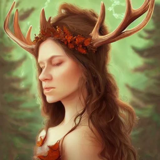 Prompt: A beautiful digital painting of freya allen, antlers made from wood on her head and brown curly hair with orange oak leaves, forest in the background, D&D, fantasy, intricate, beautiful green eyes, cinematic lighting, highly detailed, digital painting, Artstation, concept art, smooth, sharp focus, illustration, art by Artgerm and Greg Rutkowski and Alphonse Mucha