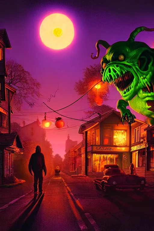 Image similar to a hyperrealistic vray rendering of a quiet autumn town being invaded by glowing ugly toxic dangerous monsters in the night, cinematic horror by chris cunningham, lisa frank, richard corben, highly detailed, vivid color,