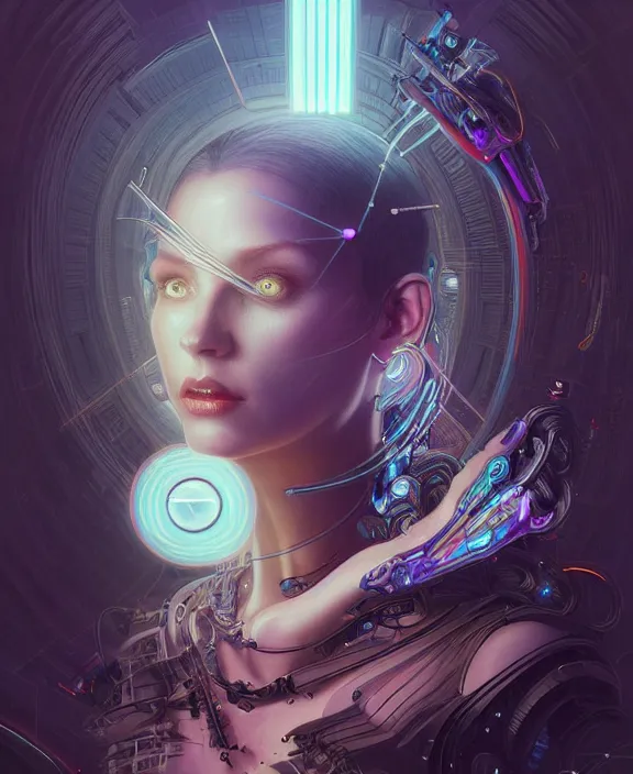 Image similar to a whirlwind of souls rushing inside the metaverse, hologram, half body, neurochip, shaved temple, piercing, jewelry, android, cyborg, cyberpunk face, by loish, d & d, fantasy, intricate, elegant, highly detailed, colorful, digital painting, artstation, concept art, art by artgerm and greg rutkowski and alphonse mucha