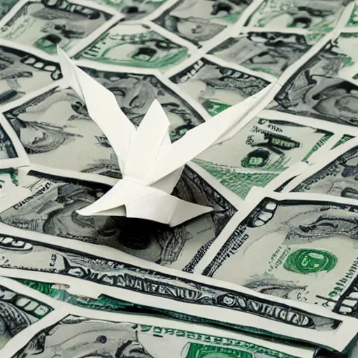 Image similar to an origami swan made out of a united states dollar bill, photograph,