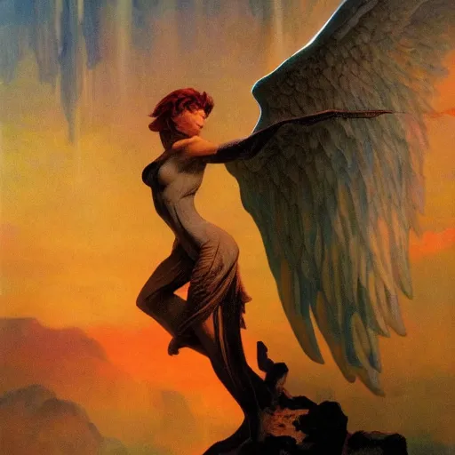 Prompt: a matte painting by frazetta and gerald brom trending on artstation eternal sunshine of an angel made of light that can be changed color by sunlight, me. juan pablo r