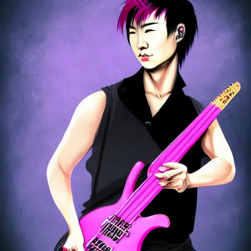 Prompt: chinese rocker guy with short hair wearing a serious expression and looking up, wearing a black vest and playing a pink guitar, smoke in the background, full color digital illustration in the style of frank frazetta,, artgerm, artstation trending