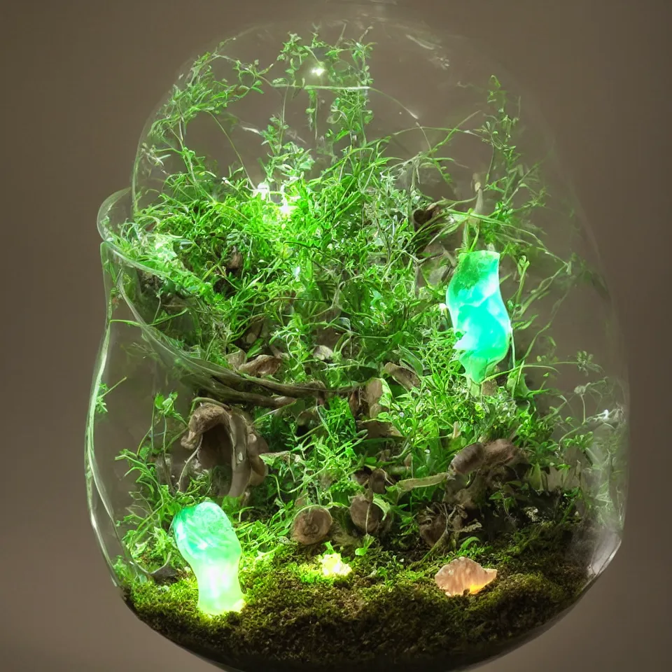 Image similar to a terrarium of bioluminescent magical mushroom with veins