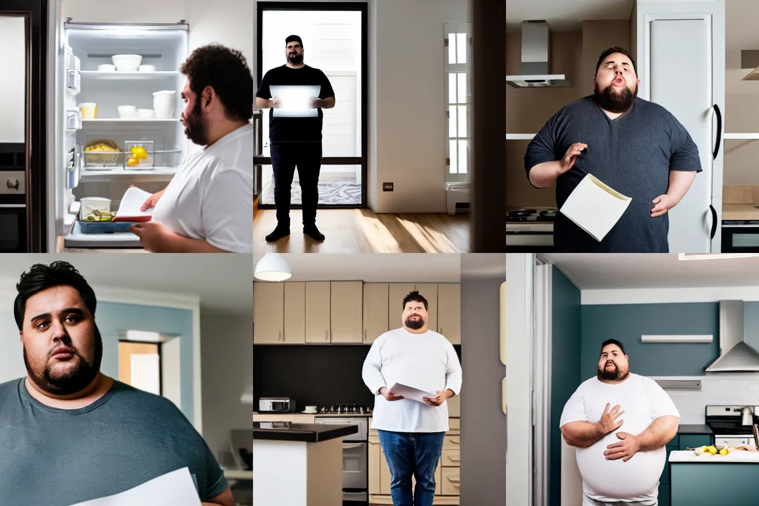 Prompt: obese landlord standing in front of open refrigerator illuminated by bright white light next to tenant reading lease agreement, darkly lit apartment painted in beige white paint, tiktok, smartphone video
