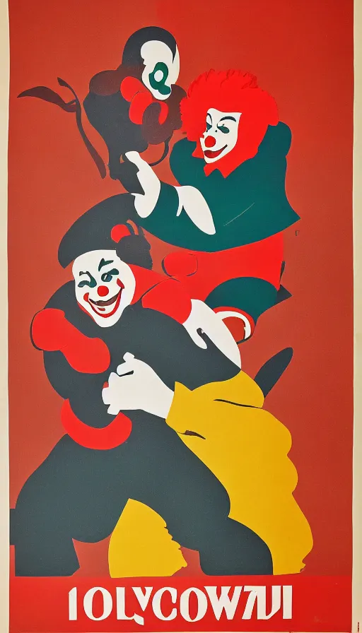 Image similar to a propaganda poster of a clown fight, soviet - era, 1 9 6 0 s, color palette, cold war, colors