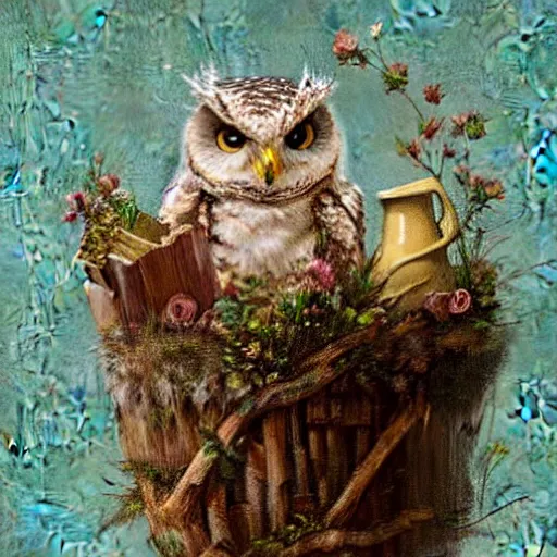 Prompt: long shot of a very cute owl chick nesting in a very romantique cup, by esao andrews, by james jean, marc simonetti, by victo ngai, humorous illustration, hyperrealistic, big depth of field, warm colors, night scenery, dim light, 3 d octane render conceptart, 4 k, hyperdetailed, trending on artstation