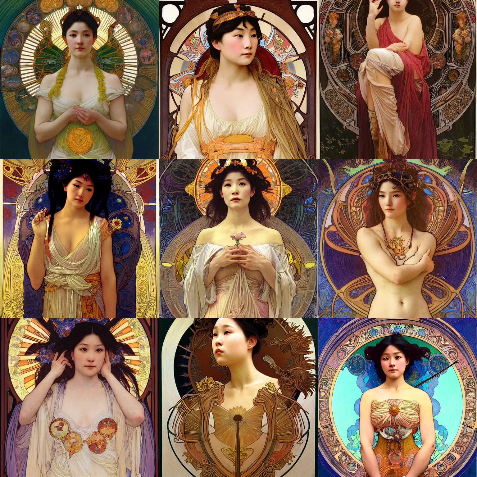 Prompt: detailed portrait art nouveau painting of Ashley Liao as the goddess of the sun, with anxious, piercing eyes, by Alphonse Mucha, Michael Whelan, William Adolphe Bouguereau, John Williams Waterhouse, and Donato Giancola