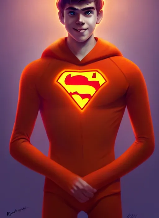 Image similar to friendly teenage archie andrews wearing an orange superhero costume with heart logo, freckles, superhero costume, heart emblem on chest, cape, intricate, elegant, glowing lights, highly detailed, digital painting, artstation, sharp focus, illustration, art by wlop, mars ravelo and greg rutkowski