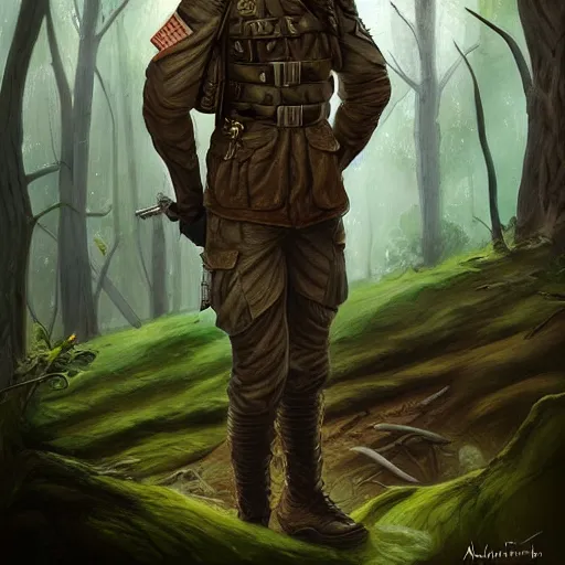 Image similar to male soldier in the forest, by annie leibowitz!!!, D&D, fantasy, intricate, elegant, highly detailed, digital painting, artstation, concept art, matte, sharp focus, illustration