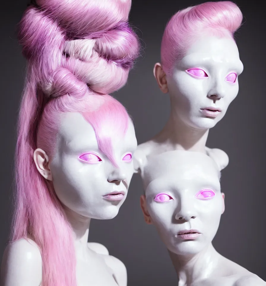 Prompt: portrait of a alien futuristic goddess wearing an art nouveau iridescent beauty mask and pink hair buns, wearing a black bodysuit by alexander mcqueen, cream white background, soft diffused light, biotechnology, humanoid robot, perfectly symmetric, bjork aesthetic, translucent, by rineke dijkstra, intricate details, highly detailed, masterpiece,