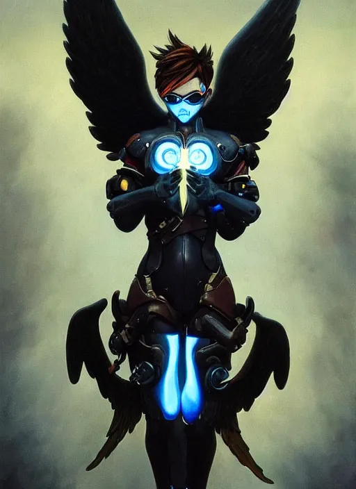 Image similar to full body artwork of tracer overwatch wearing leather collar in style of zdzisław beksinski, angel wings, dramatic painting, symmetrical composition, wearing detailed leather collar, black shiny armor, chains, black harness, detailed face and eyes,