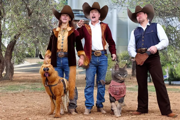 Prompt: apple dressed as cowboy costume, dog and cat, elon musk modeling with steve jobs