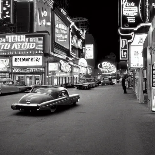 Prompt: a vintage 1950s photograph of a typical american city, futuristic neon lights, flying cars