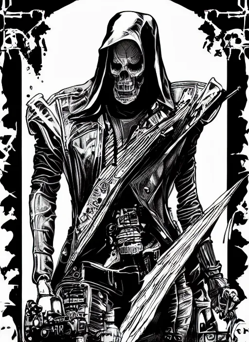 Prompt: grim reaper portrait, cyberpunk 2 0 2 0 manual, by steampoweredmikej, inktober, ink drawing, black and white, coloring pages, manga, highly detailed