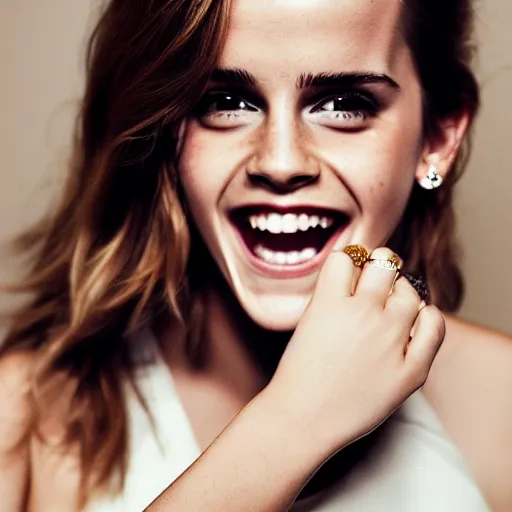 Image similar to A photo of laugh emma watson showing wedding ring on his finger. 50 mm. perfect ring. award winning photography