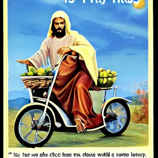 Image similar to jesus on a trimoto, advertisement