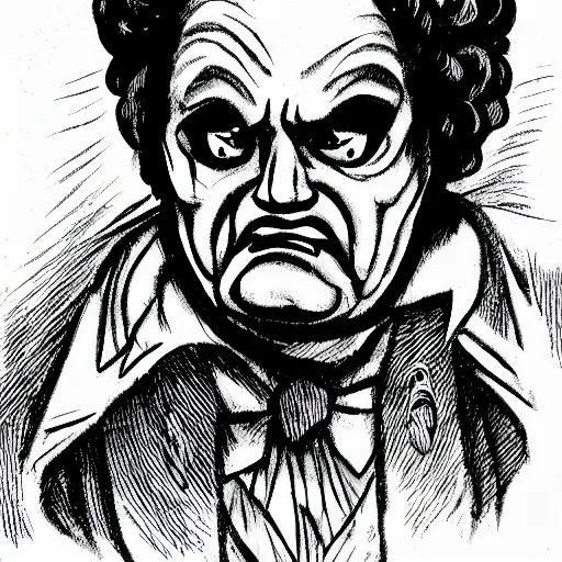 Image similar to a Pop Wonder scary horror themed goofy-hilarious-character Beethoven, dime-store-comic drawn with charcoal and pen and ink, half-tone-line-stacking