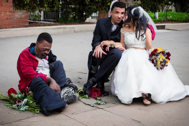 Image similar to wedding photography, two homeless people are getting married, homeless guests, professional photo