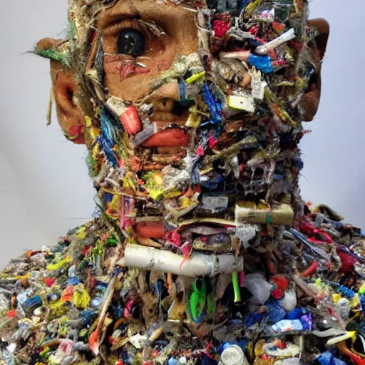 Prompt: A human creature made entirely of trash