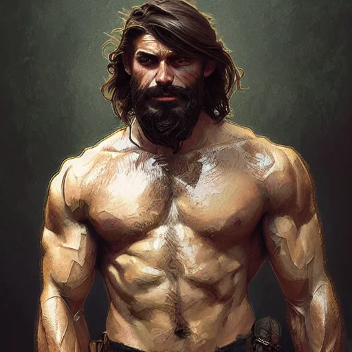 Image similar to portrait of a young rugged ranger, muscular, upper body, hairy torso, D&D, fantasy, intricate, cinematic lighting, highly detailed, digital painting, artstation, concept art, smooth, sharp focus, illustration, art by Artgerm and Greg Rutkowski and Alphonse Mucha