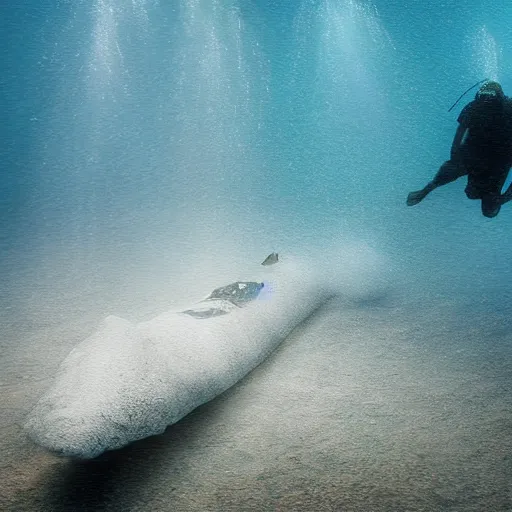 Image similar to Underwater photograph of a man swimming away in panic, being chased by a perry submarine, digital art