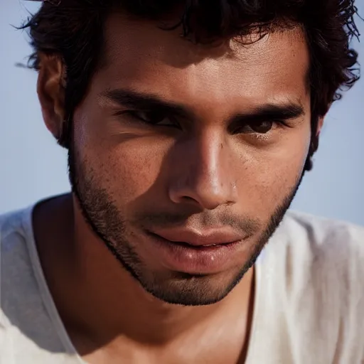 Image similar to color portrait of a very handsome peruvian male model by emmanuel lubezki