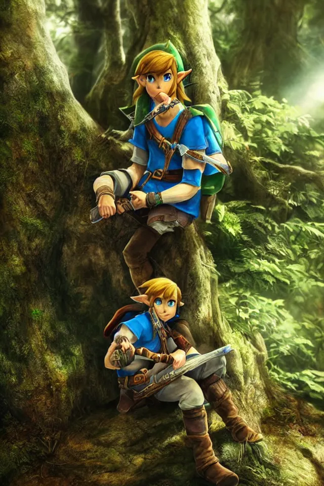 Image similar to close - up portrait of link sitting in woods of hyrule playing ocarina, ultra detailed, hdr, photorealism, cinematic scene, beautiful light