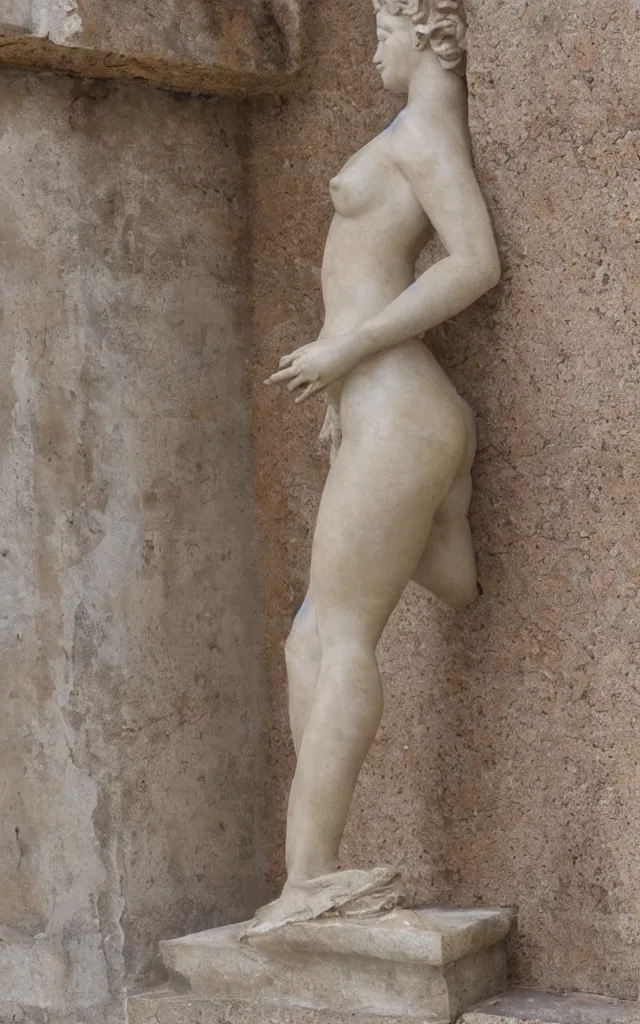 Image similar to detailed photo of old bronze patina statue of gorgeous pinup, character emerges from the castle white marble wall, super highly detailed, full body view, various poses, the statue is inside the versailles castel, photorealism, intricate detail, museum diffuse lighting, autumn sunlights