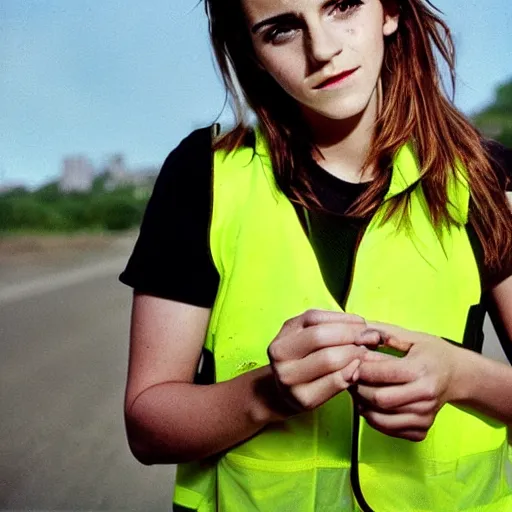 Image similar to photo, close up, emma watson in a hi vis vest, chewing tobacco, portrait, kodak gold 2 0 0,