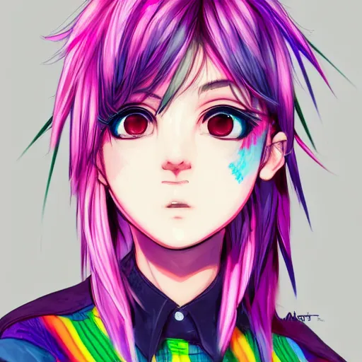 Prompt: full headshot portrait of anime woman with rainbow mohawk punk, digital art, drawn by WLOP, by Avetetsuya Studios, anime manga panel, trending on artstation, wearing a plaid shirt