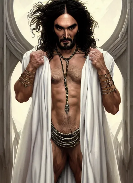 Prompt: portrait of russell brand, d & d, muscular! fantasy, white robes! intricate, elegant, highly detailed, digital painting, artstation, concept art, smooth, sharp focus, illustration, art by artgerm and greg rutkowski and alphonse mucha