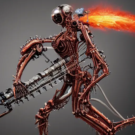 Prompt: flamethrower guitar robot by Yoshitaka Amano, by HR Giger, biomechanical, 4k, hyper detailed, hyperrealism, anime, a Blood Moon rising on a Broken World, deviantart, artstation