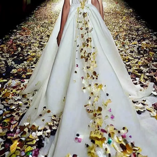 Image similar to a long wedding dress with a train made of flower petals made of light - colored fabric. transparent in places. in places, patterns of precious stones. intricate patterns of gold thin threads. fantasy. clear details