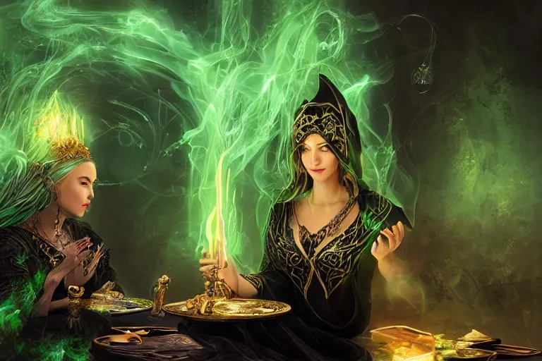 Prompt: a beautiful sorceress wearing a black robe with gold embroidery, sitting at table, casting a spell, green glows, painted by wlop, in the style of magic the gathering, highly detailed digital art