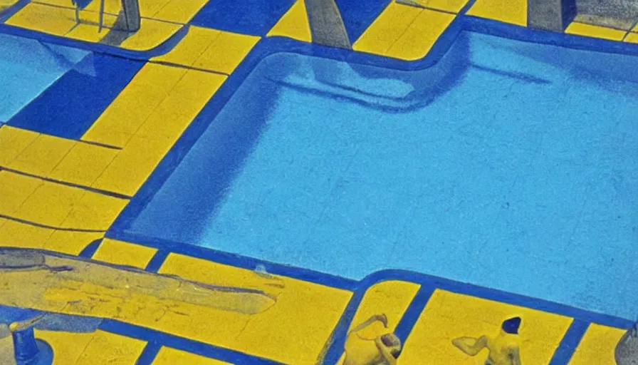 Image similar to 1 9 6 0 s movie still of an empty blue and yellow tiles municipal swimmingpool, high quality, high detail, liminal space style