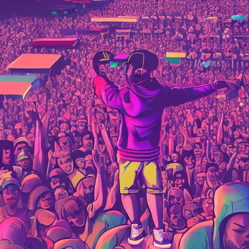 Image similar to rapper leaning over huge crowd reaching up to him, digital art, vapor wave, hip hop, trending on Artstation, professional artist, detailed, 4k