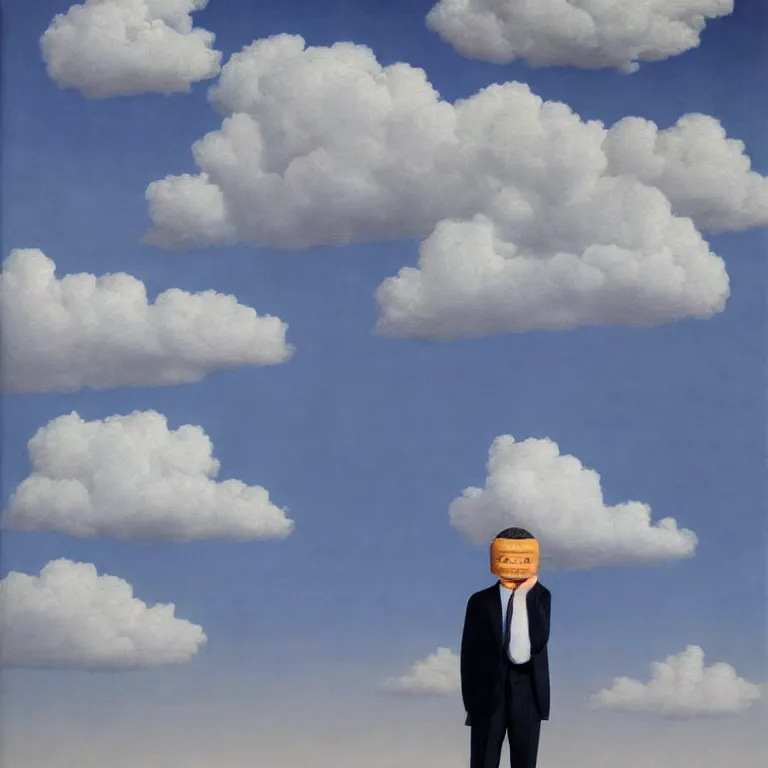 Image similar to portrait of headless man in a suit, clouds in the background, by rene magritte, detailed painting, distance, middle centered, hd, hq, high resolution, high detail, 4 k, 8 k