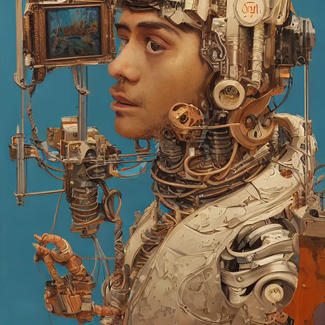 Prompt: robot artist painting a self - portrait on a canvas. intricate, highly detailed, digital matte painting, in the style of alexandros pyromallis, and in the style of sachin teng, and in the style of hans thoma, and in the style of jeff easley. irony, recursion, inspiration.