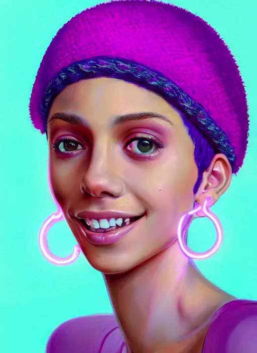 Image similar to portrait of teenage vanessa morgan with bright pink hair, vanessa morgan, curly pixie cut hair, wearing a purple breton cap, breton cap, subtle confident smile, hoop earrings, intricate, elegant, glowing lights, highly detailed, digital painting, artstation, concept art, smooth, sharp focus, illustration, art by wlop, mars ravelo and greg rutkowski