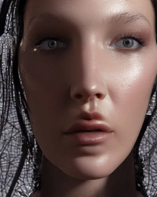 Image similar to a highly detailed metahuman 8 k close up render of bella hadid in iris van herpen with facial accessories made in unreal engine 4