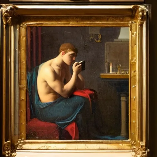 Image similar to a thoughtful wealthy young man sitting on a toilet attentively staring and scrolling on his smartphone, distant thoughtful look, bathrom renaissance scene