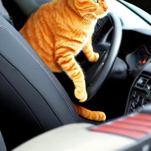 Image similar to an orange tabby cat driving a car like a human