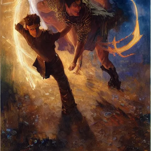 Image similar to attractive male magician casts dark spell, summoning handsome lucifer morningstar. highly detailed painting by gaston bussiere, craig mullins, j. c. leyendecker 8 k