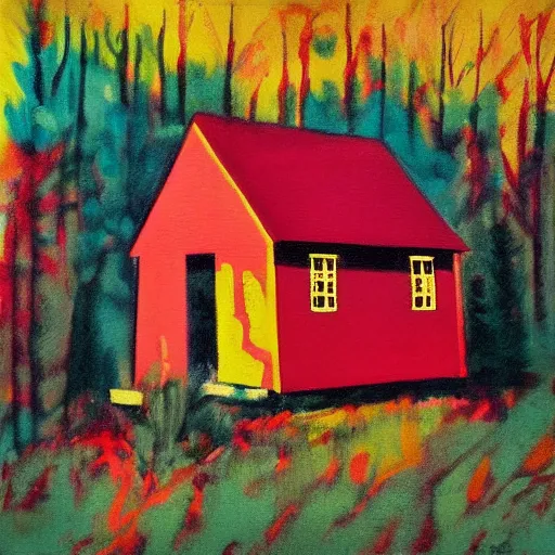 Image similar to a painting of a eerie cabin in the middle of the woods in the style of warhol