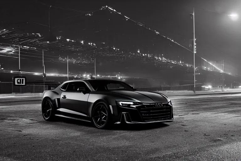 Image similar to widebody all black audi camaro b 9 ( 2 0 2 0 ), need for speed : carbon, at night, sci - fi, neon lines, phonk music background, smoke behind wheels, noise, dark, establishing shot, by simon stalenhag