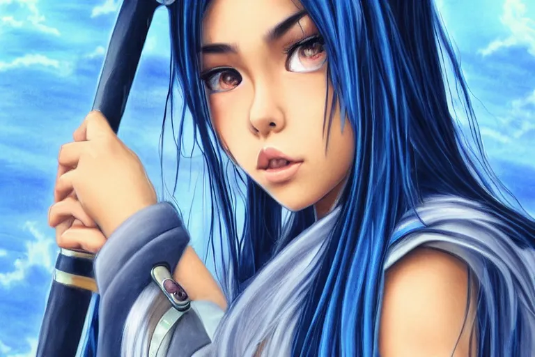 Image similar to highly detailed beautiful photo of madison beer as a young female samurai, practising her sword staces, symmetrical face, beautiful eyes, cobalt blue hair, realistic anime art style, 8 k, award winning photo, pastels colours, action photography, 1 / 1 2 5 shutter speed, sunrise lighting