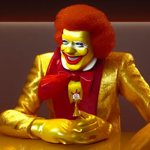 Image similar to a still of ronald mcdonald surrounded by gold and diamonds, award - winning, photograph, 3 d render, unreal engine, 4 k detailed