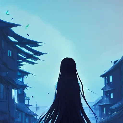 Image similar to low - angle shot from behind of a long blue - haired girl in a tailcoat overlooking noxus, noir, screenshot, sharp focus, intricate, illustration, cell shaded, digital painting, highly detailed, art by ilya kuvshinov, wlop, greg rutkowski, studio quality, james jean